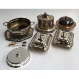 A mixed lot of plated items to include a pair of lidded entree dishes, muffin dish, lidded biscuit