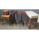 Two wine tables; together with a very small oak footstool, and two other stools (5)