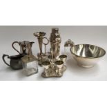 A quantity of plated items to include cruet stand, egg cups on stand, cocktail shaker, spill vase
