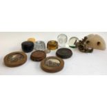 A mixed lot of glass paperweights, bookends, Japanese lacquered pot, Chinese carved stands etc