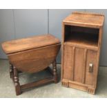 An oak dropleaf coffee table together with an oak bedside cabinet