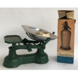A vintage set of scales, together with a boxed Sparklets soda siphon