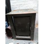 An extremely heavy workshop table, with cupboard, 61x61x77cmH