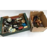 Two boxed of mixed items, to include ashtrays, West Clox, small blowtorches, pepper mill, vintage