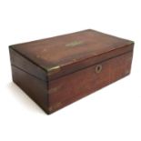 A 19th century rosewood writing box, with brass corners, fitted corners, with fitted interior, pen