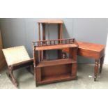 A 19th century commode/baby bath; a set of wall hanging shelves; mahogany whatnot and a gout stool