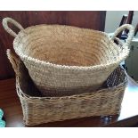 Two wicker baskets; together with a cabbage ware plate and two prints