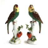 A pair of porcelain hand painted parrot figurines, with encrusted floral bases (af), 19.5cmH