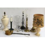 A number of table lamps, a brass chestnut roasting pan etc