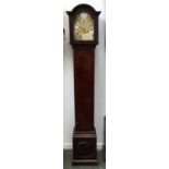 A small long case clock, dial with silvered chapter ring, surrounded by spandrels, with pendulum and