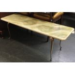 A small sofa table together with a small resin 'onyx' coffee table, 121cmW