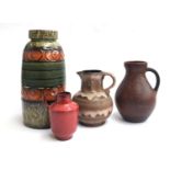 Three West German studio pottery vases, together with a jug, the largest 38cmH