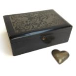 A black lacquered wooden box, 35cmw together with a brass heart and an Art Nouveau style desk lamp