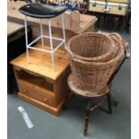 A pine bedside cabinet, together with a 19th century kitchen chair, two wicker baskets, and a