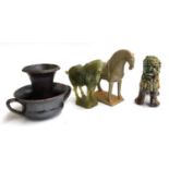 A carved hardstone horse; together with a ceramic horse; studio pottery salt glazed vases and glazed