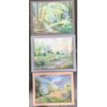 Three 20th century oil on board, various landscapes; together with a print of a church, a pastel