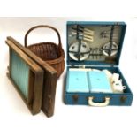 A vintage picnic hamper with contents; together with a wicker basket and two washboards (af)