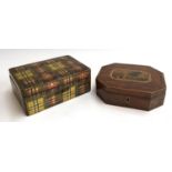 A small wooden jewellery box covered in tartan paper, mirror within lid; together with a 19th