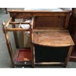 A 20th century oak hall seat and stick stand, with undershelf