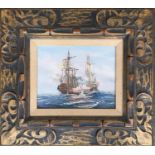 J. Harvey, Naval ships at sea, acrylic on canvas, signed lower right, in ornate gilt frame, 24.