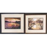 Two watercolours of landscapes at sunset, one titled 'Ruins of Kilcherine Castle', each 21x30;