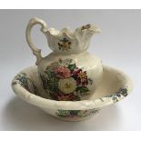 A transferware Ironstone washbowl and jug