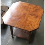 An oak sewing table, quartered hinged top, with undershelf, 50x46cmH