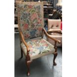 A large 20th century throne chair, with needlework seat and back