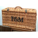 A F&M wicker hamper, together with a tea chest and several other items