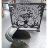 A cast iron coal scuttle together with a fire guard with scrolling design (2)