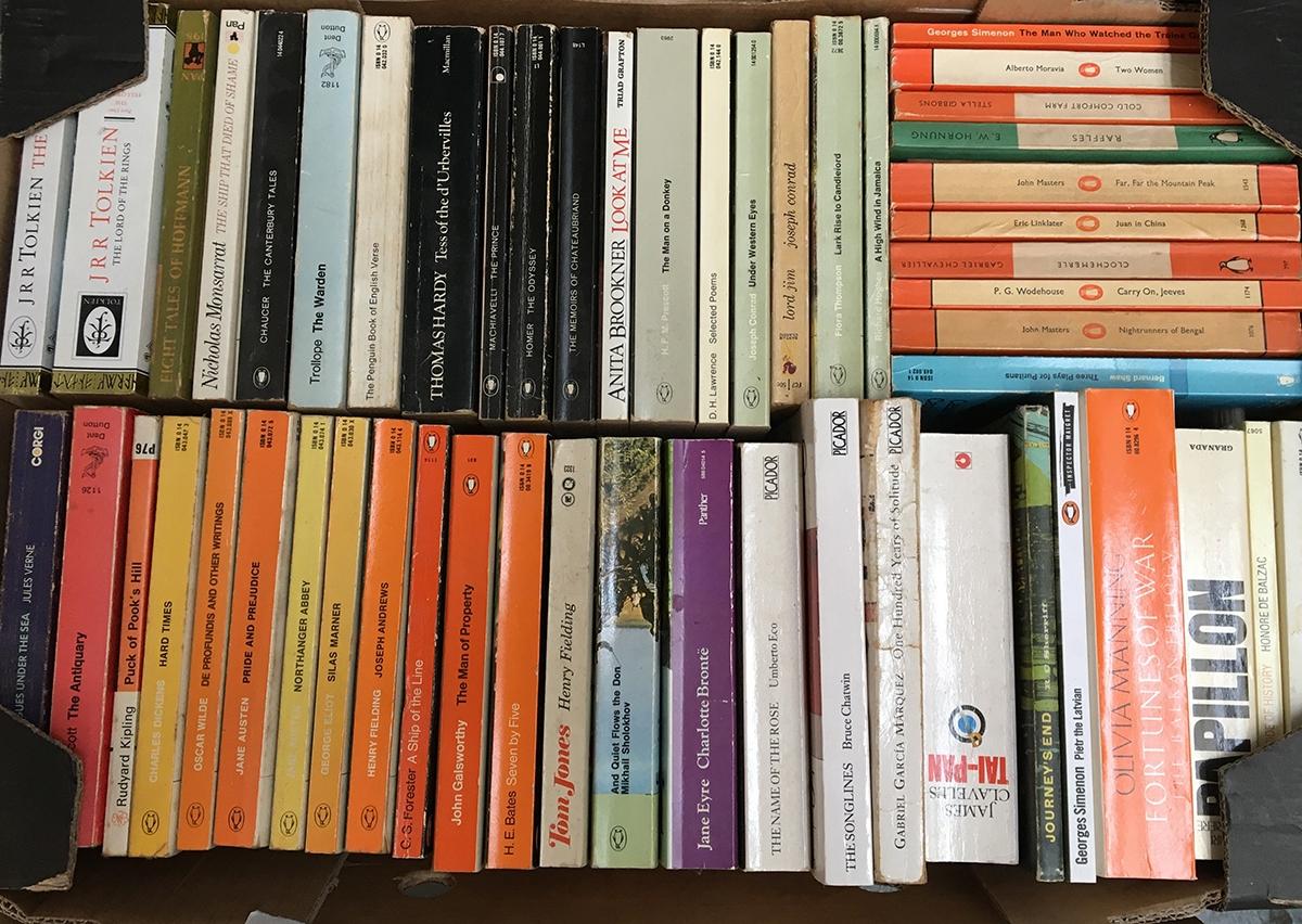 A large box of mostly Penguin paperback editions, to include P.G Wodehouse, Austin, Wilde,