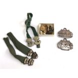 A small box of cufflinks and studs, 2 pairs of shoe buckles together with a pair or ornate belt