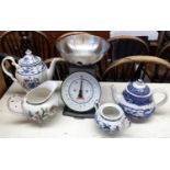 A vintage set of Typhoon kitchen scales; together with a blue and white Johnson Bros. teapot etc