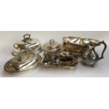 A mixed lot of plated items, to include small meat cloche with Greek key frieze decoration,