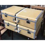 Two vintage suitcases with aluminium banding, marked 'Tizlite', 71cmW and 77cmW