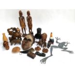 A large lot of good carved tribal items, to include animal figures, elephants, ebony bust, African