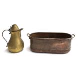 A small copper fish kettle with brass handles, together with a brass 'eastern' coffee pot, 36.5cm