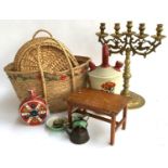 A mixed lot to include a five armed brass candlestick holder, wicker baskets, flask etc