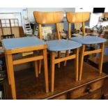 A pair of mid century beechwood and vinyl kitchen chairs; together with a matching stool
