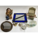 An Art Deco style stained glass mirror; various ceramics; small spice box; oval mirror; bamboo brush