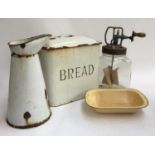 A vintage Blow butter churn; together with a vintage enamel bread bin, jug etc