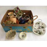 A mixed box of Studio pottery vases, jugs, vases; Poole pottery ashtray; Midwinter cake stand;