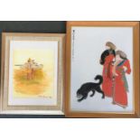 A Chinese print of two figures with a dog, 53x39cm; together with a watercolour of Venice, signed