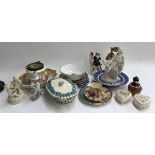 A mixed lot of ceramics to include Willow, Johnson Brothers, lidded Goebel duck pot, Wedgwood