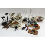 A large mixed lot to include Doulton character plate, mixed ceramics, metal candlestick holders,
