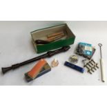 Several harmonicas to include a Chromatic; a treble recorder; piano tuning tools etc