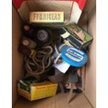 A box of various tools and other hardware, to include galvanised block and tackle, several shears,