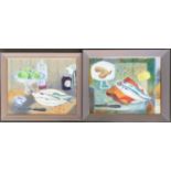 Phillipa Hill, 20th century British, two still life paintings of fish and fruit, one oil on board,