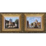 Early 20th century continental street scenes, oil on board, each 19x24cm (2)