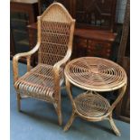 A wicker conservatory chair; together with a similar circular table, 59cmD